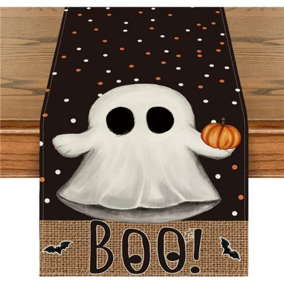 Halloween Table Runner 13x72 Black Boo Ghost Pumpkin Dots Fall Party Table Decor - Picture 1 of 7